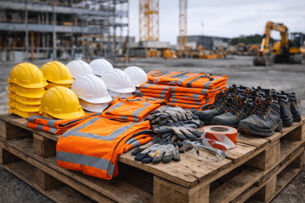 Équipements de sécurité sur une palette, incluant des casques de chantier, des gilets de sécurité orange, des gants, des chaussures de protection et du ruban adhésif, avec un chantier en arrière-plan.