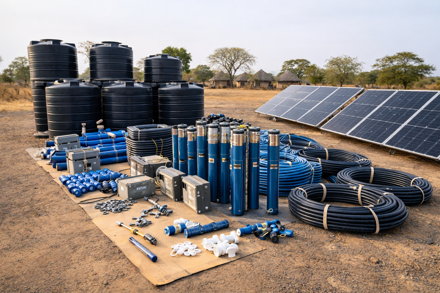 Équipement de pompage solaire comprenant des réservoirs, des tuyaux, des pompes et des panneaux solaires, disposés sur le sol d'une zone dégagée.