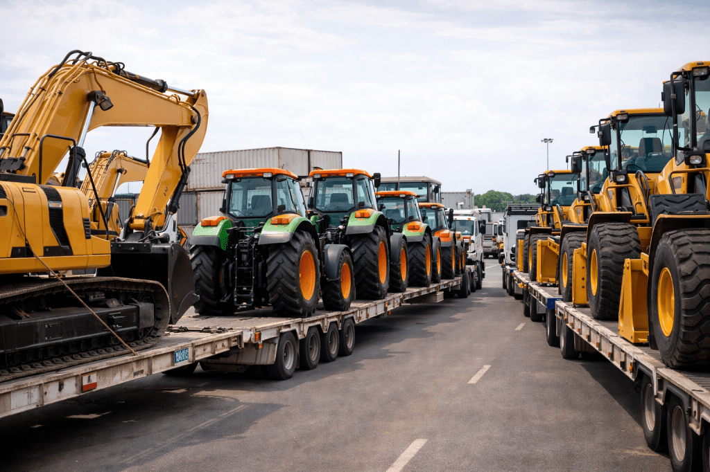 Des camions de transport montrant des tracteurs et des engins de construction garés sur des remorques.