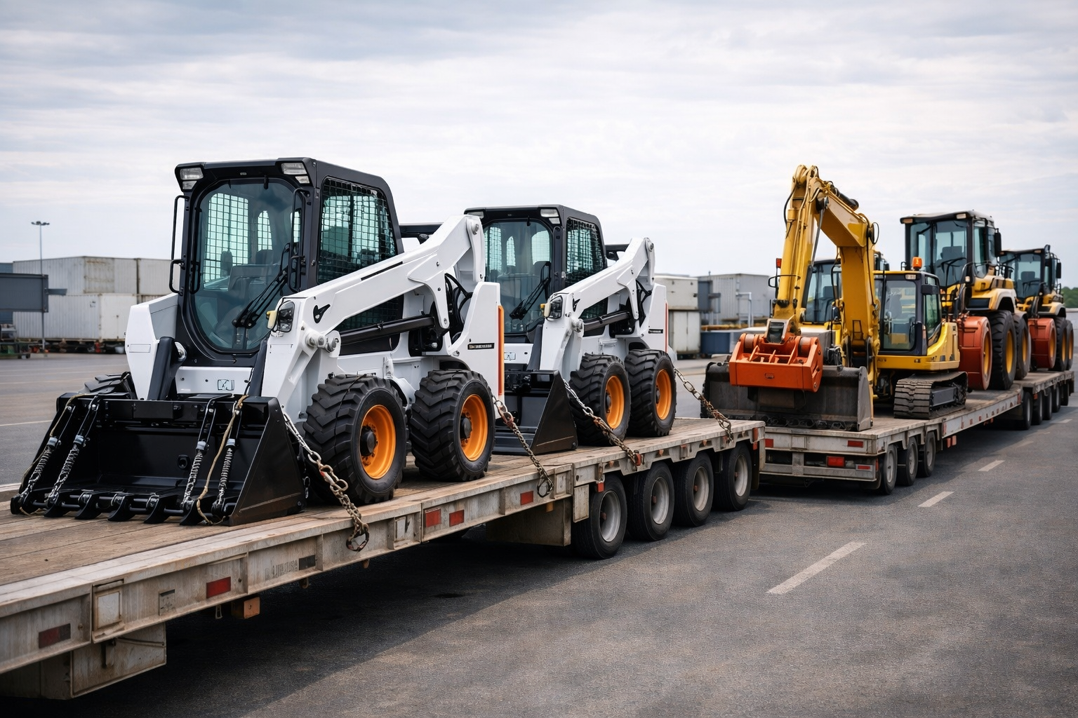 Des engins de chantier, dont des chargeuses compactes et une excavatrice, chargés sur une remorque au bord d'une route dans une zone industrielle.