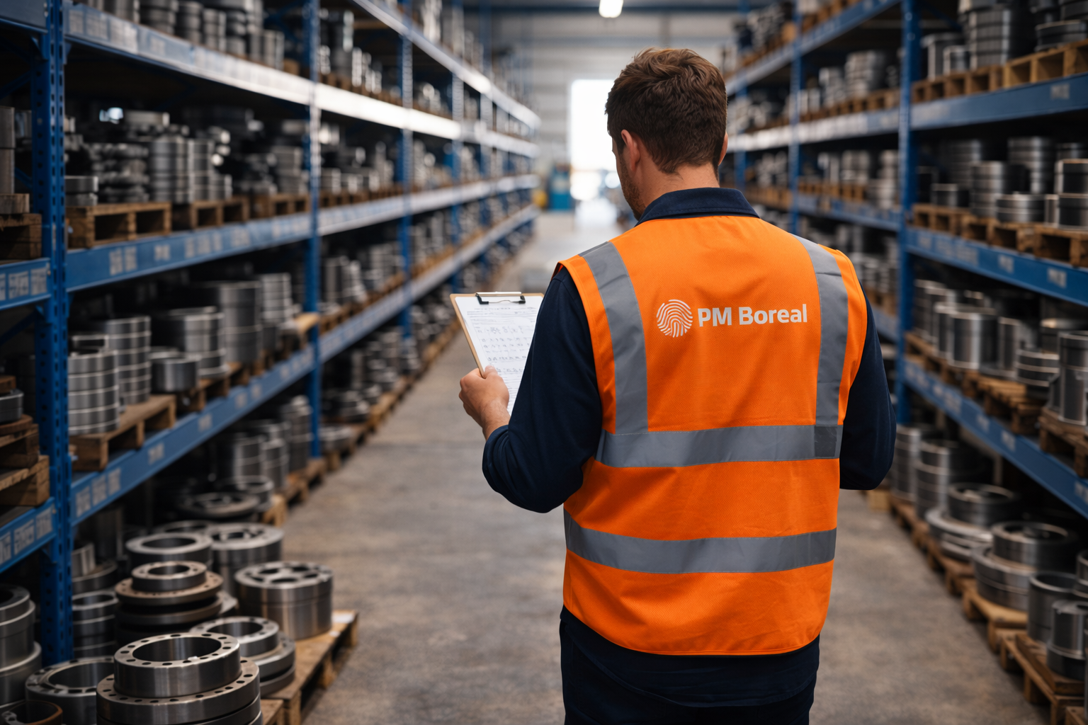 Un homme portant un gilet de sécurité orange avec le logo PM Boreal, consultant une liste dans un entrepôt rempli de pièces métalliques sur des étagères.